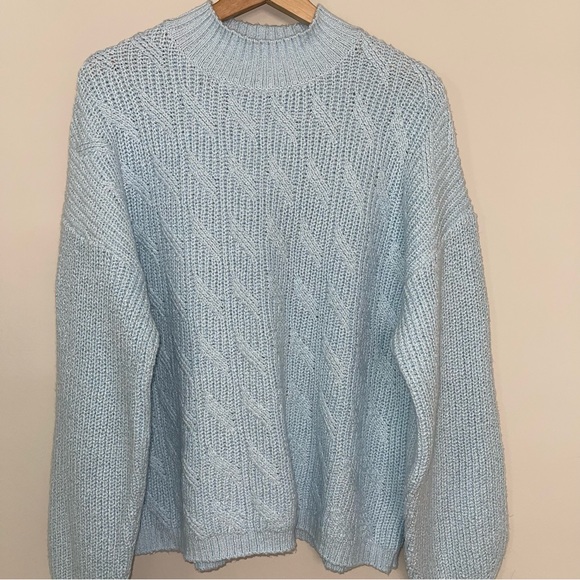 J Crew Cotton Blend Cable Mock Neck Sweater XL Blue Breeze NWT - Picture 4 of 9